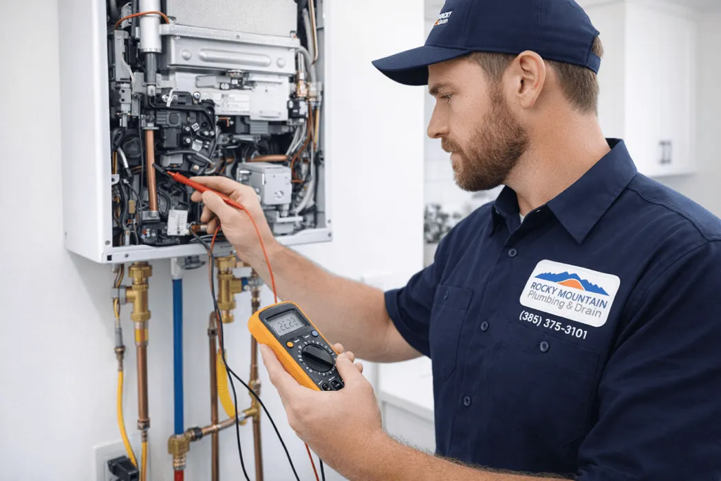 Technician diagnosing a tankless water heater