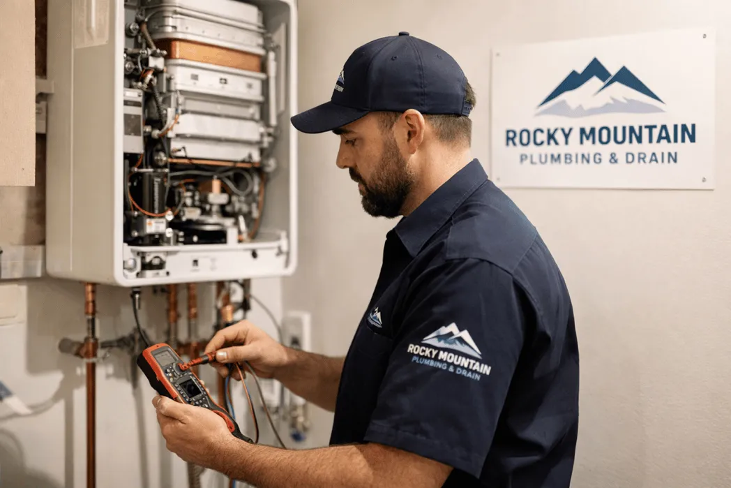 Technician diagnosing tankless water heater in Salt Lake City