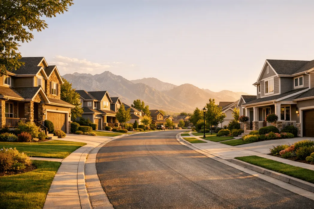 Golden hour view of a welcoming Midvale neighborhood street with mountains in the distance
