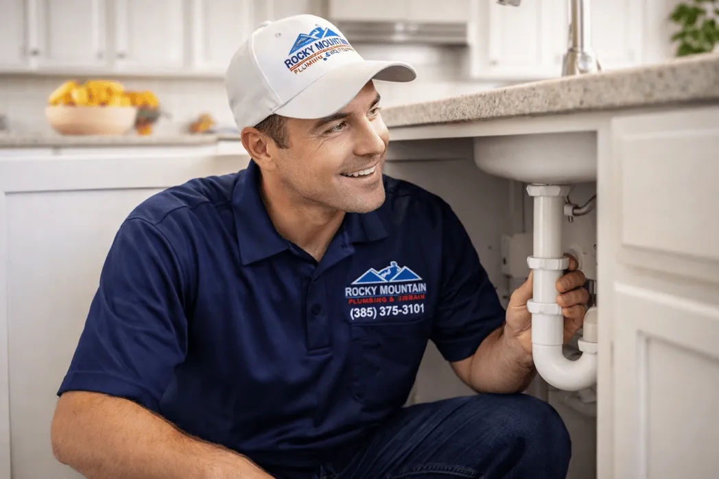 Rocky Mountain Plumbing technician inspecting a kitchen sink drain in a Midvale home