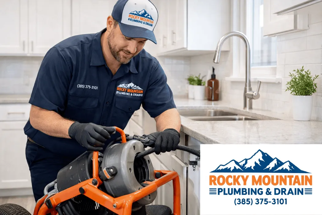 Technician performing drain cleaning in a Midvale home