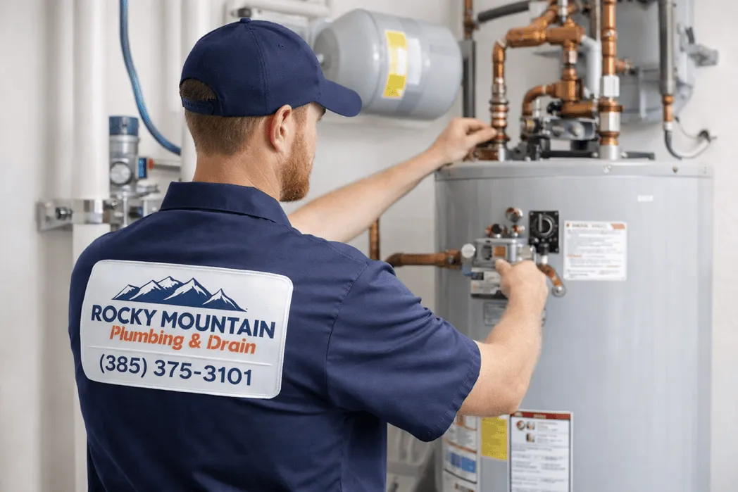 Plumber inspecting a water heater in a mechanical room