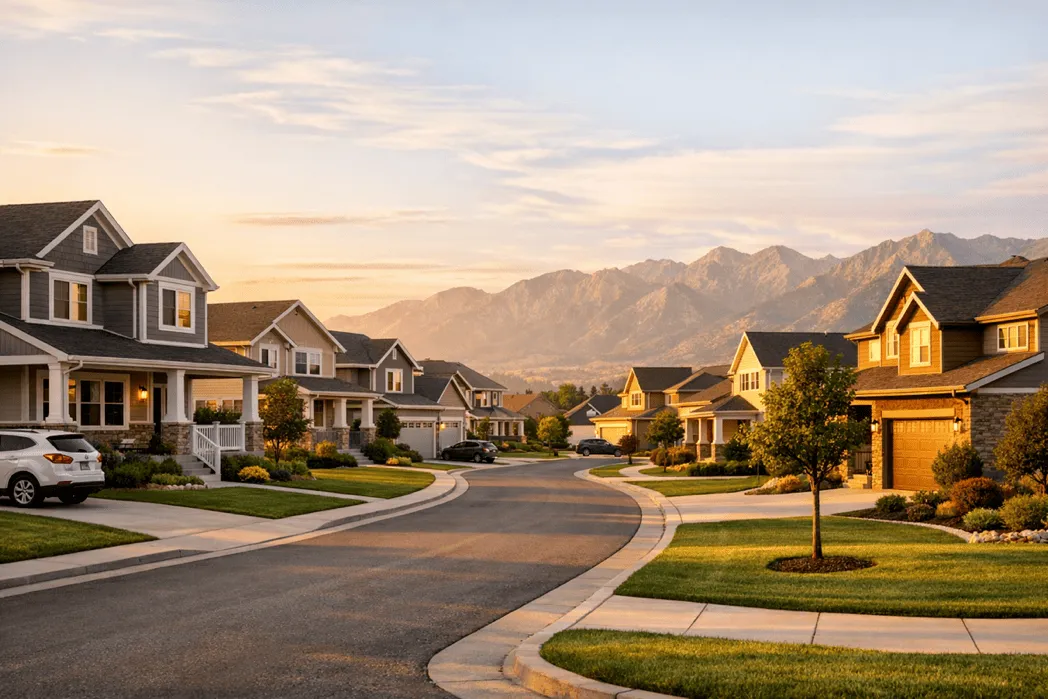 Utah suburban neighborhood street with well-kept homes