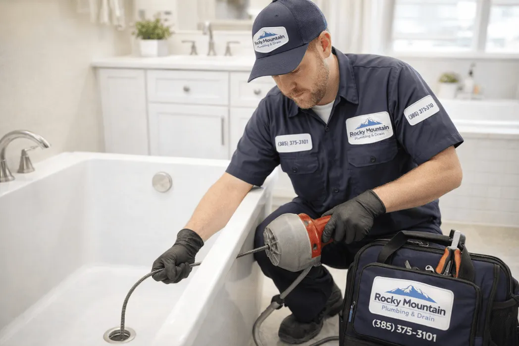 Plumber using drain snake at a bathroom sink