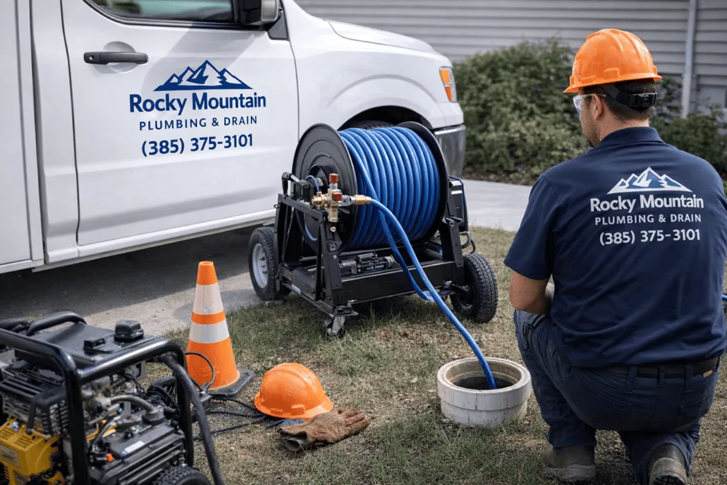 Hydro jetting equipment setup near outdoor cleanout
