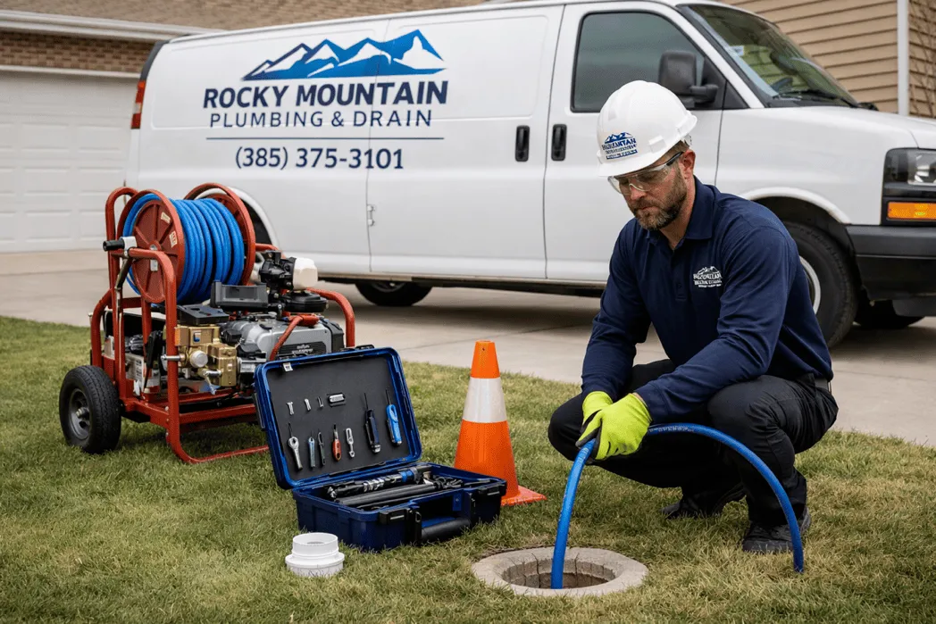 Technician preparing hydro jetting equipment at a residential property